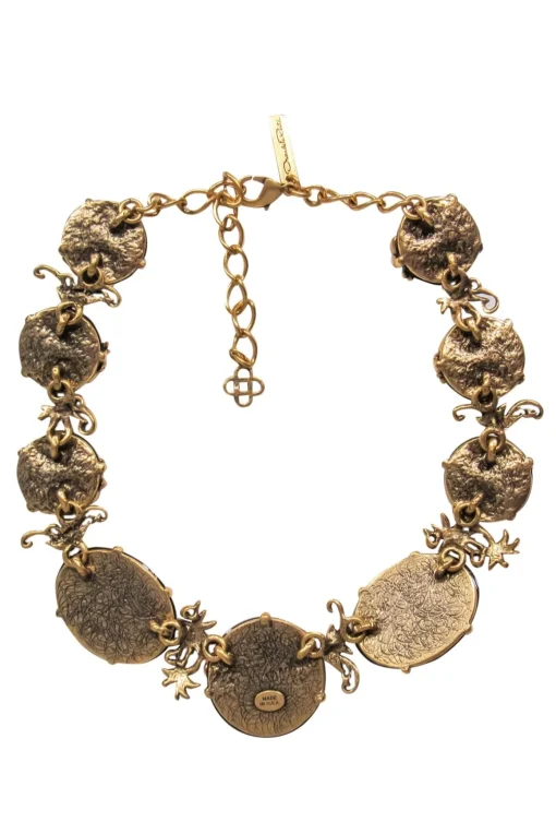 Oscar de la Renta - Gold & Black Stone Necklace w/ Flowers