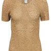Oscar De La Renta - Golden Tan w/ Crocheted Wood Grain Sequin Top Sz S