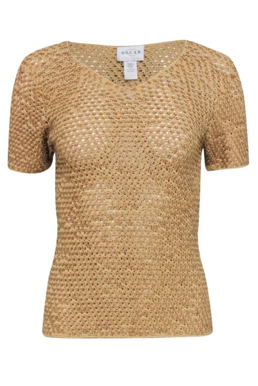 Oscar De La Renta - Golden Tan w/ Crocheted Wood Grain Sequin Top Sz S