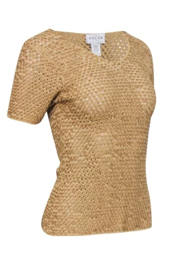 Oscar De La Renta - Golden Tan w/ Crocheted Wood Grain Sequin Top Sz S