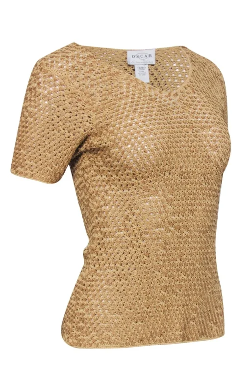 Oscar De La Renta - Golden Tan w/ Crocheted Wood Grain Sequin Top Sz S
