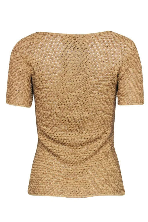 Oscar De La Renta - Golden Tan w/ Crocheted Wood Grain Sequin Top Sz S