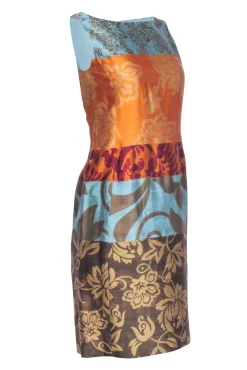 Oscar de la Renta - Orange, Blue, & Brown Multicolor Patchwork Sleeveless Dress Sz 6