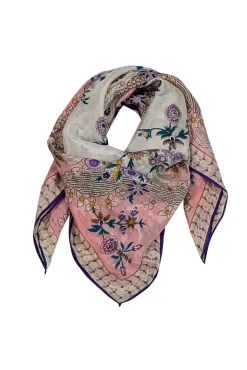 Oscar de la Renta - Pink & Multi Color Floral Print Silk Scarf