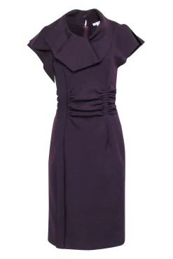 Oscar de la Renta - Purple Wool Short Sleeve Ruffled Collar Dress w/ Gathered Waist Sz 8