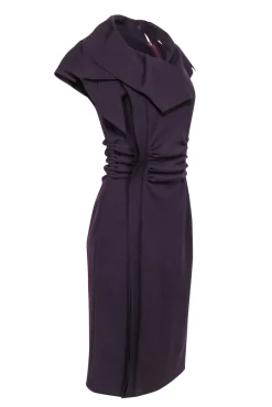 Oscar de la Renta - Purple Wool Short Sleeve Ruffled Collar Dress w/ Gathered Waist Sz 8