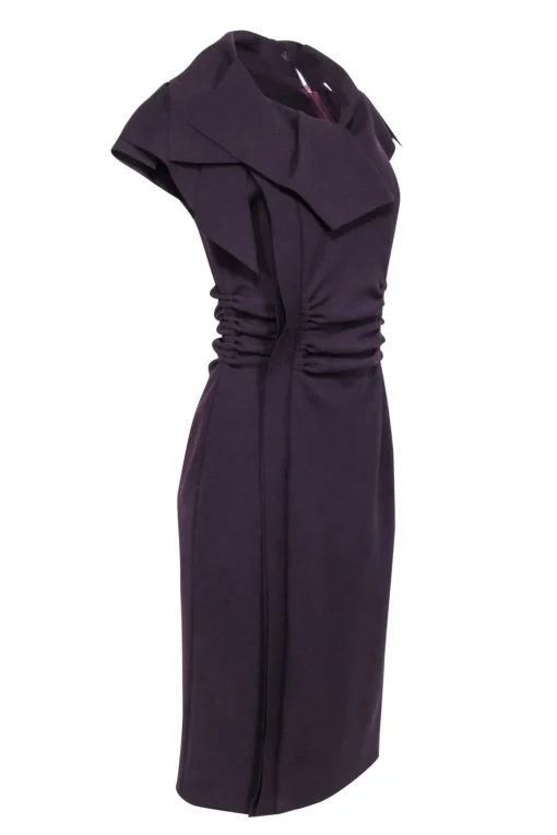 Oscar de la Renta - Purple Wool Short Sleeve Ruffled Collar Dress w/ Gathered Waist Sz 8