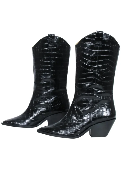 & Other Stories - Black Croc Embossed Leather Cowboy Boots Sz 9.5