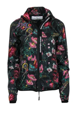 Paco Rabanne - Black & Multicolored Floral Print Zip-Up Hooded Nylon Windbreaker Sz M