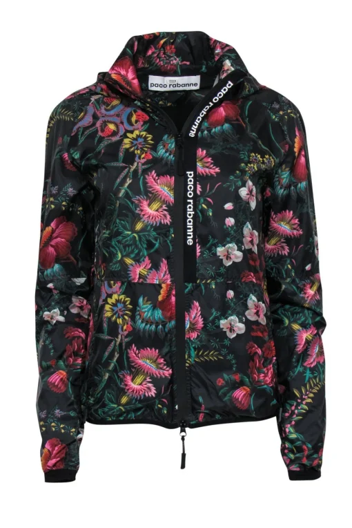 Paco Rabanne - Black & Multicolored Floral Print Zip-Up Hooded Nylon Windbreaker Sz M
