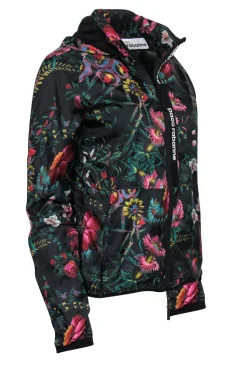 Paco Rabanne - Black & Multicolored Floral Print Zip-Up Hooded Nylon Windbreaker Sz M