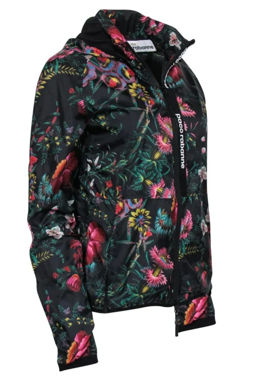 Paco Rabanne - Black & Multicolored Floral Print Zip-Up Hooded Nylon Windbreaker Sz M
