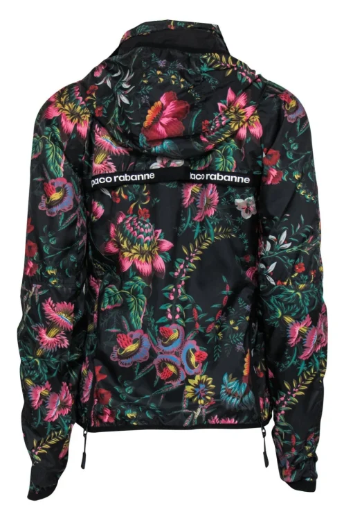 Paco Rabanne - Black & Multicolored Floral Print Zip-Up Hooded Nylon Windbreaker Sz M