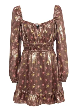Paige - Copper Rose Gold Floral Print Smocked Waist Dress Sz M