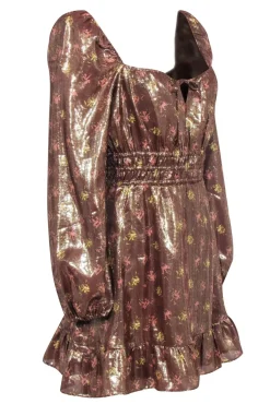 Paige - Copper Rose Gold Floral Print Smocked Waist Dress Sz M