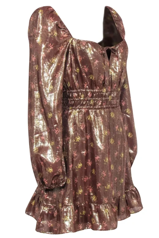 Paige - Copper Rose Gold Floral Print Smocked Waist Dress Sz M