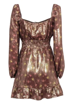 Paige - Copper Rose Gold Floral Print Smocked Waist Dress Sz M