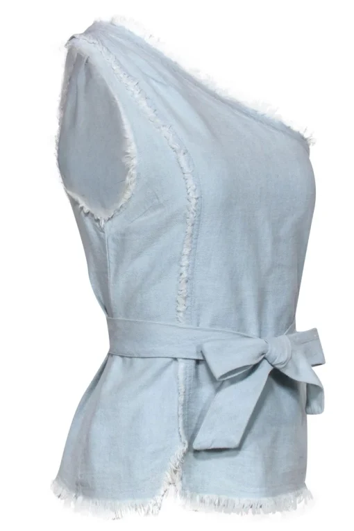 Paige - Light Wash Chambray One-Shoulder Fringe "Emanuelle" Tank w/ Belt Sz XS