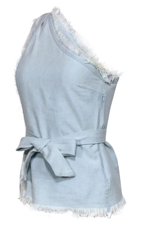 Paige - Light Wash Chambray One-Shoulder Fringe "Emanuelle" Tank w/ Belt Sz XS
