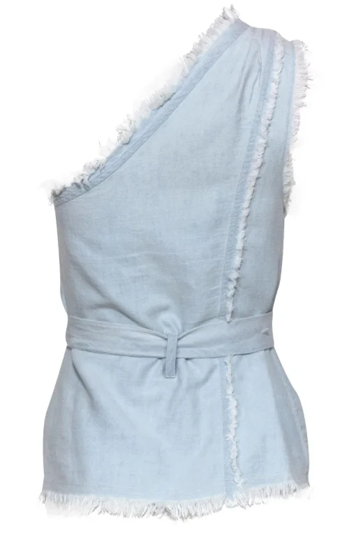 Paige - Light Wash Chambray One-Shoulder Fringe "Emanuelle" Tank w/ Belt Sz XS