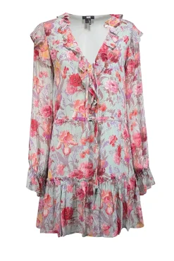 Paige - Mint Green w/ Pink Floral Print Silk Chiffon Dress Sz S