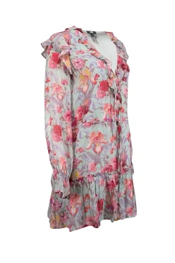 Paige - Mint Green w/ Pink Floral Print Silk Chiffon Dress Sz S