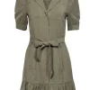 Paige - Olive Button-Up Puff Sleeve Belted Shift Dress w/ Flounce Hem Sz S