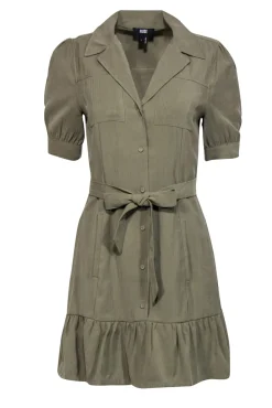 Paige - Olive Button-Up Puff Sleeve Belted Shift Dress w/ Flounce Hem Sz S