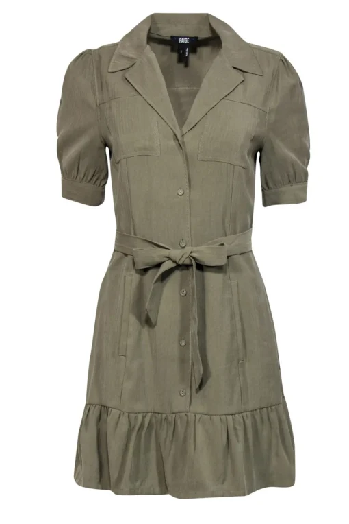 Paige - Olive Button-Up Puff Sleeve Belted Shift Dress w/ Flounce Hem Sz S