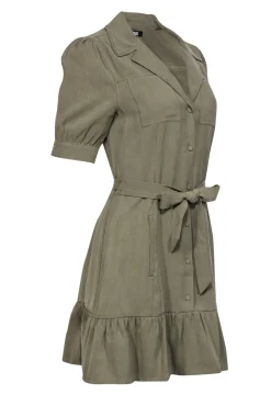 Paige - Olive Button-Up Puff Sleeve Belted Shift Dress w/ Flounce Hem Sz S