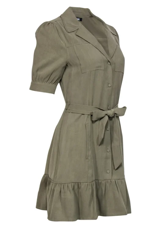 Paige - Olive Button-Up Puff Sleeve Belted Shift Dress w/ Flounce Hem Sz S