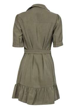 Paige - Olive Button-Up Puff Sleeve Belted Shift Dress w/ Flounce Hem Sz S