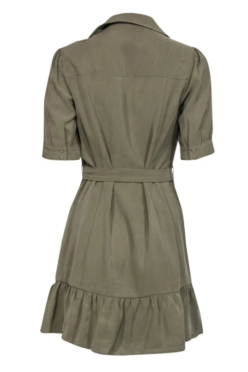 Paige - Olive Button-Up Puff Sleeve Belted Shift Dress w/ Flounce Hem Sz S
