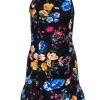 Parker - Black & Multicolor Floral Print Ruched Sheath Dress w/ Flounce Hem Sz 2