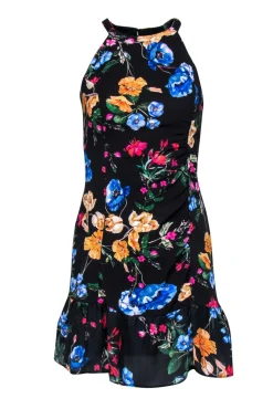 Parker - Black & Multicolor Floral Print Ruched Sheath Dress w/ Flounce Hem Sz 2