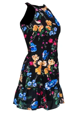 Parker - Black & Multicolor Floral Print Ruched Sheath Dress w/ Flounce Hem Sz 2