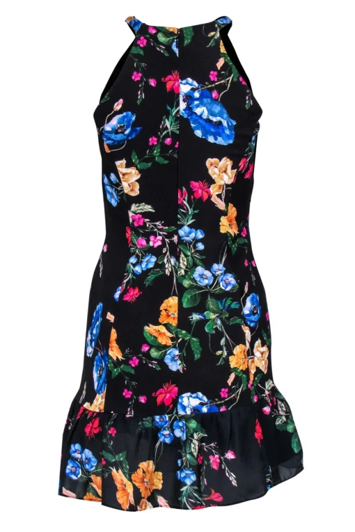 Parker - Black & Multicolor Floral Print Ruched Sheath Dress w/ Flounce Hem Sz 2