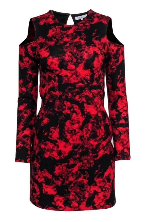 Parker - Black & Red Floral Print Cold Shoulder Bodycon Dress Sz M