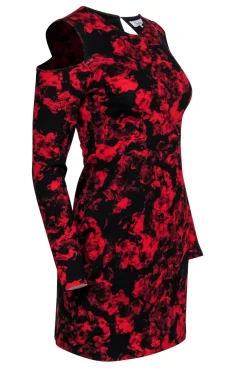 Parker - Black & Red Floral Print Cold Shoulder Bodycon Dress Sz M
