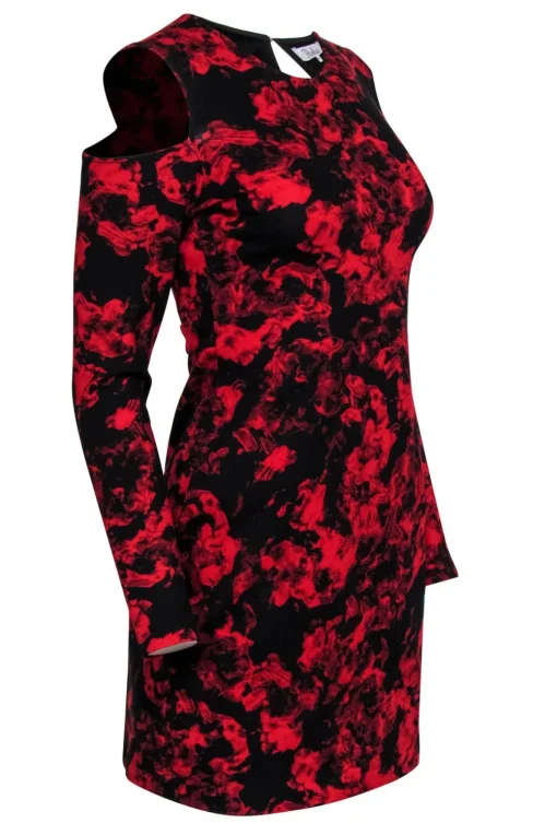 Parker - Black & Red Floral Print Cold Shoulder Bodycon Dress Sz M