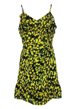 Parker - Black & Yellow Lemon Print Ruched Sheath Dress Sz M