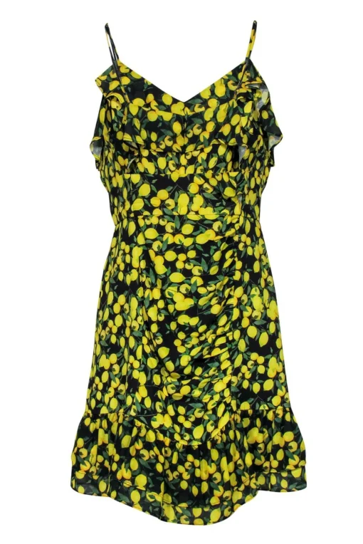 Parker - Black & Yellow Lemon Print Ruched Sheath Dress Sz M