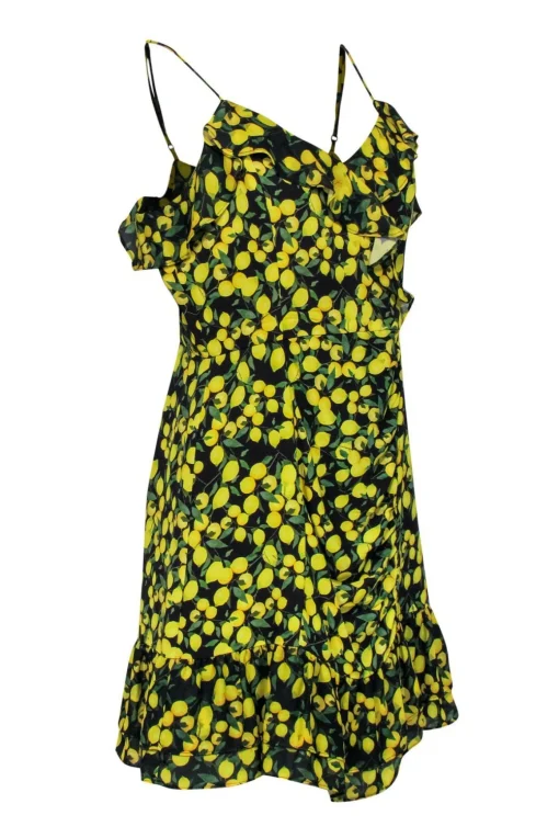 Parker - Black & Yellow Lemon Print Ruched Sheath Dress Sz M