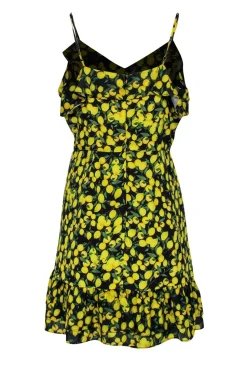 Parker - Black & Yellow Lemon Print Ruched Sheath Dress Sz M