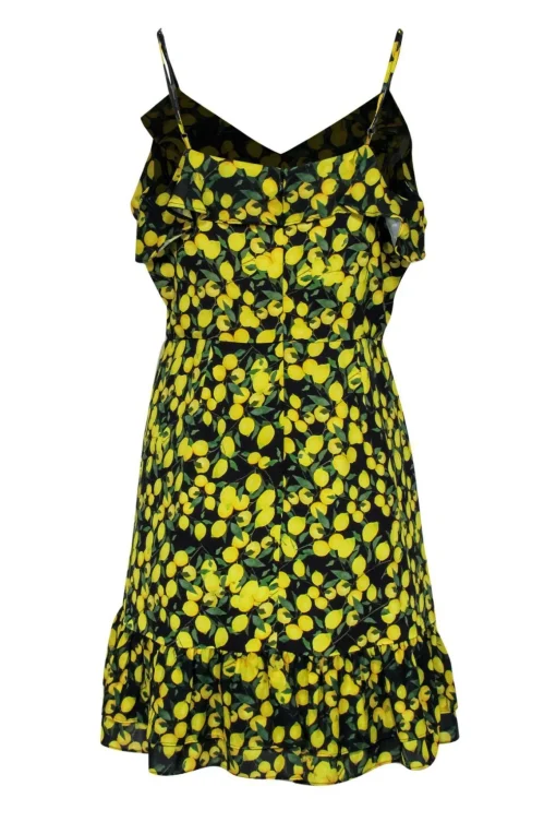 Parker - Black & Yellow Lemon Print Ruched Sheath Dress Sz M