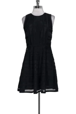 Parker - Black Mesh Striped Flared Dress Sz S
