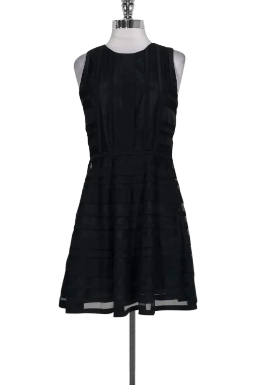 Parker - Black Mesh Striped Flared Dress Sz S