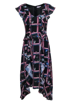 Parker - Black, Pink & Blue Plaid Floral Ruffled Maxi Dress Sz S