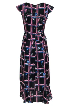 Parker - Black, Pink & Blue Plaid Floral Ruffled Maxi Dress Sz S