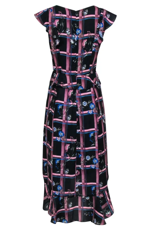 Parker - Black, Pink & Blue Plaid Floral Ruffled Maxi Dress Sz S